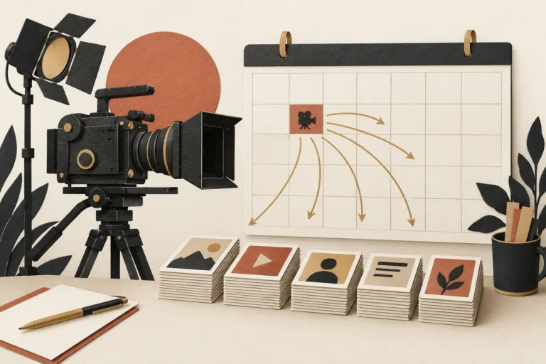 Editorial illustration of a camera and calendar for planning a month of content