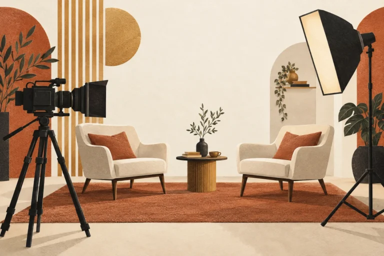 Editorial illustration of a comfortable interview setup with chairs, camera, and lighting