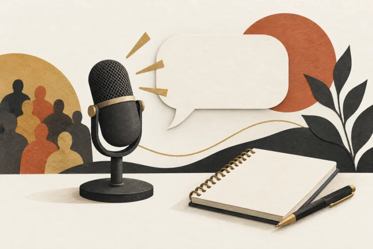 Editorial illustration of a microphone, speech bubble, and notebook