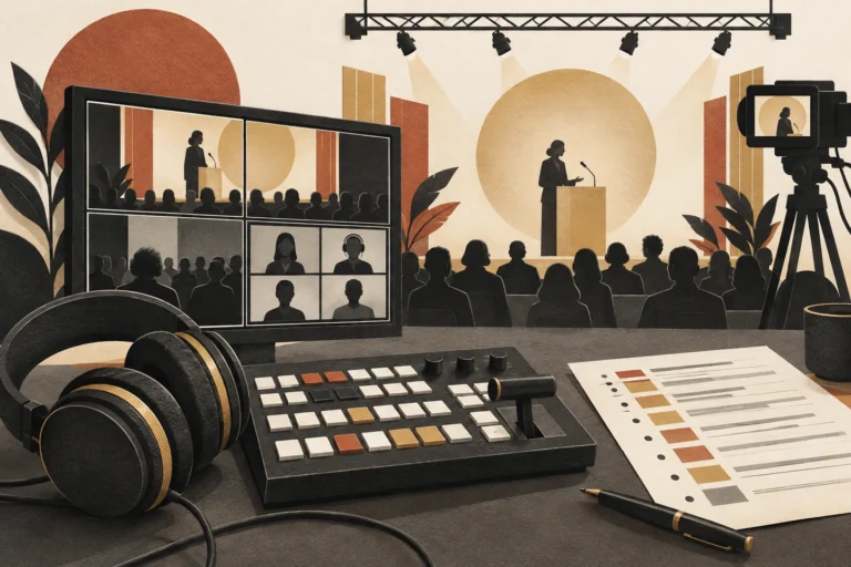 Editorial illustration of live event production equipment and a stage