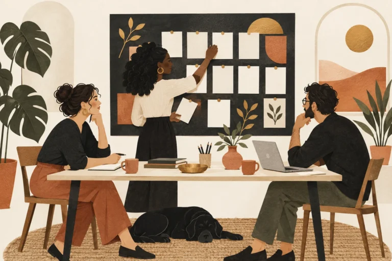 Editorial illustration of a team organizing a social content planning board
