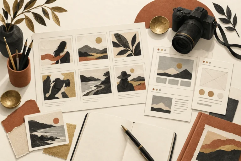 Editorial illustration of a desk with campaign planning and production materials